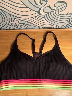 PINK Victoria's Secret Black Ribbed Sports Bra with Neon Rainbow Band